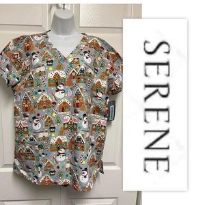 Serene Uniforms | Gray & Red Gingerbread House Pocket V-Neck Scrub Top